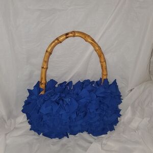 Blue Ruffled Handbag with Bamboo Handle
